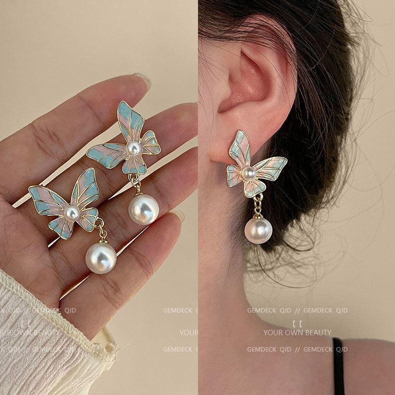 s925 シルバー針韓国ファッション蝶真珠のイヤリング 女性のかわいい ピアスアクセサリー