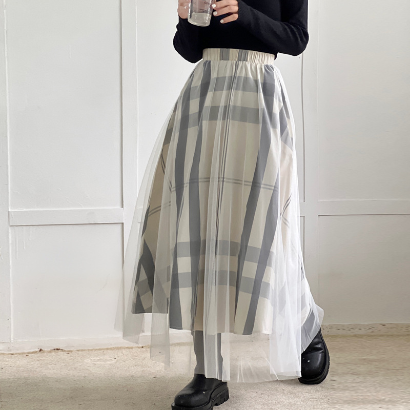 2025 チェリーロングスカート 2025春秋新作 ボトムス 女 レディース ハイウエスト チェック柄