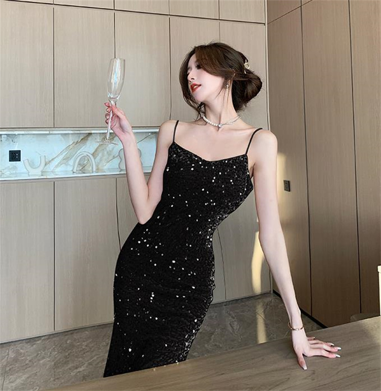 二文字：絶美  ドレス セクシー ロングスカート 晩装 ベルベット 気高い スパンコール キャミワンピ