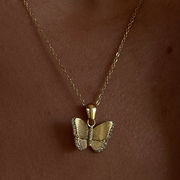 欧米 女性 アクセサリー ステンレス スチール メッキ 18K リアル ゴールド 超人気 ジルコン 蝶のネックレス