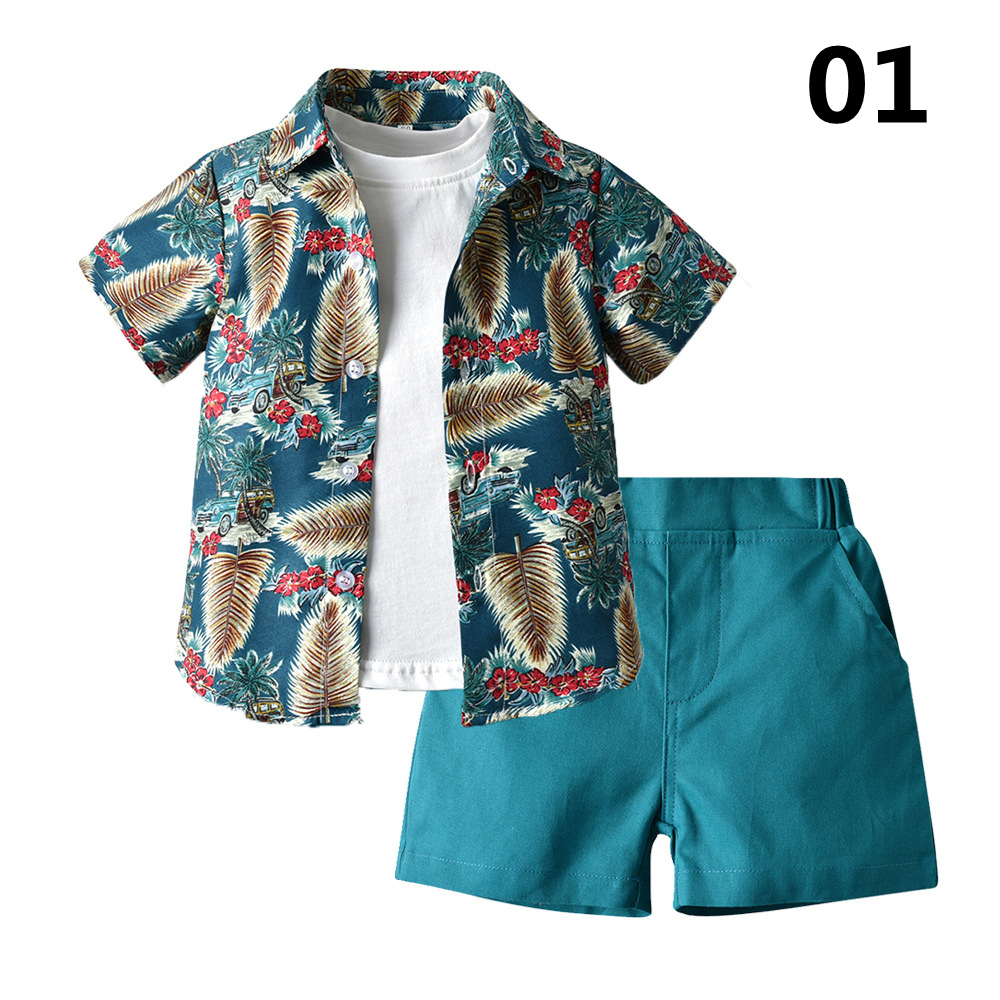 子供服  ハワイ風 男の子 夏 小中児童 シャツ＋半袖＋ショーツの3点セット
