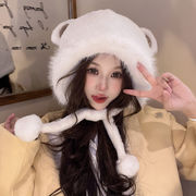 レディース帽子　ニットキャップ　クマ耳　リボン付き　韓国ファッション　秋冬　かわいい　ポンポン