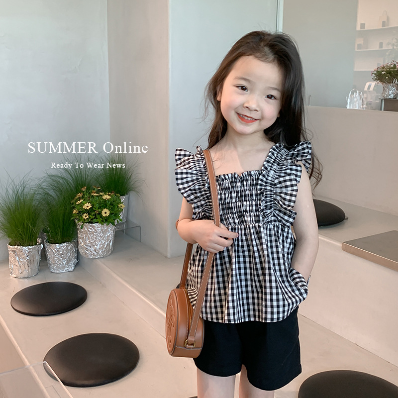 女の子 韓国風 半袖シャツ ノースリーブトップス 夏 黒と白のチェック柄 半袖