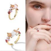 猫の指輪 エナメル指輪   絶妙な 猫と花  調整可能な  リング  ファッション  猫のアクセサリー