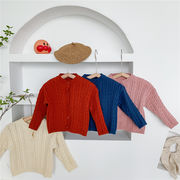 韓国子供服子供用セーター春の韓国版子供用セーター田園純色綿長袖丸襟ニットカーディガン