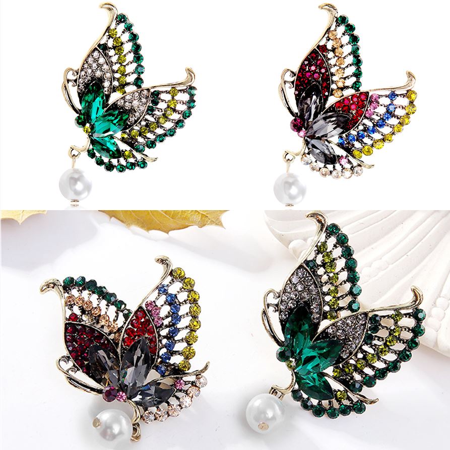 パール 蝶ブローチ ラインストーン 金属製の蝶ピン コサージュファッション 蝶のアクセサリー