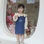 2023新作 韓国子供服 ベビー服 キッズ 女の子  リボン付きデニムサロペットスカート73-100cm 2色