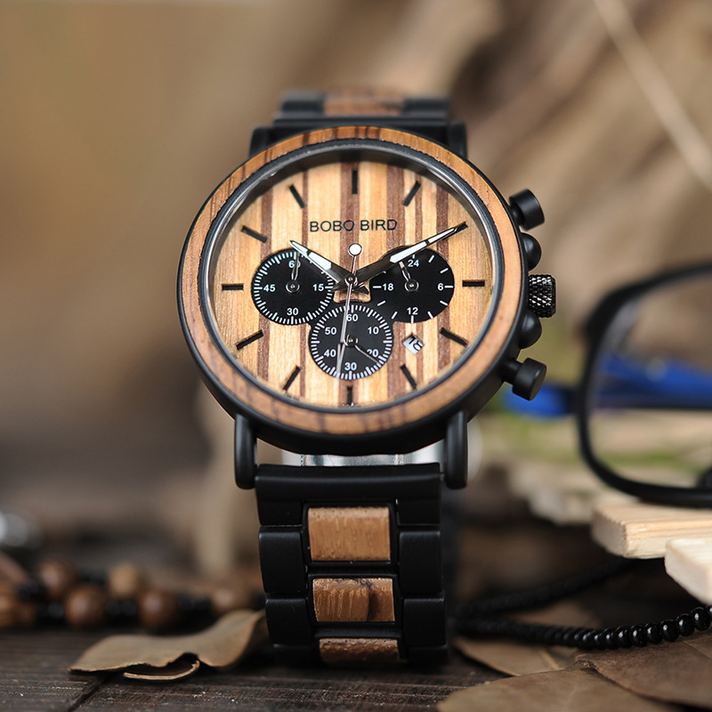 BOBOBIRD 本物の木製オールウッド腕時計クォーツ時計三眼多機能防水時計メンズ腕時計BOBOB