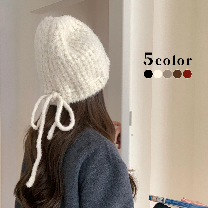 ニット帽子　ニットキャップ　リボン付き　レディース　韓国ファッション　デザイン　秋冬　5colors