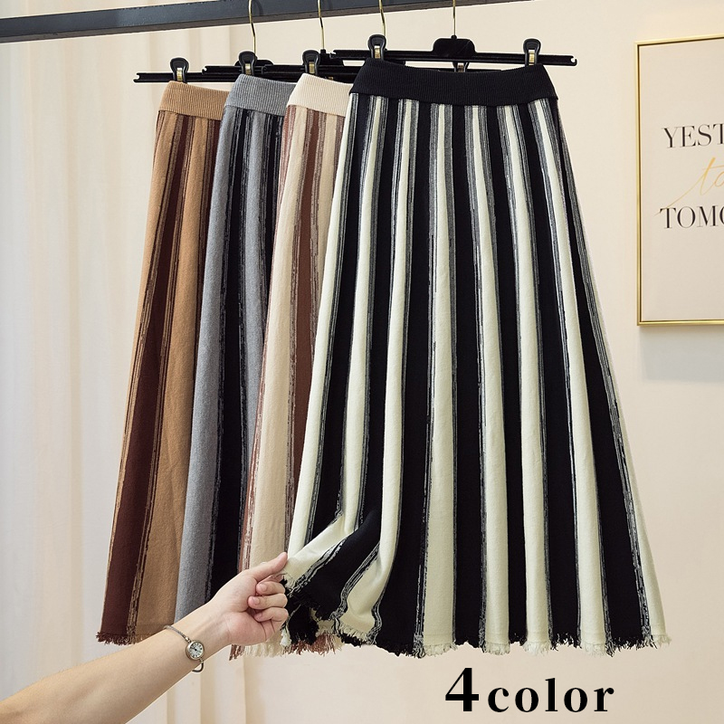ロングスカート　ニットスカート　ストライプ柄　秋冬　レディース　韓国ファッション　4colors