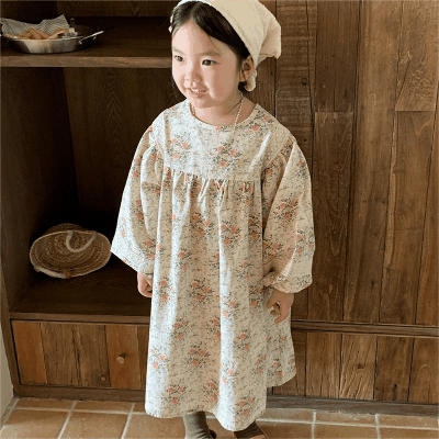 秋冬新作 韓国風子供服 3-8歳女の子 ワンピース ワンピ 花柄 ボタニカル 森系 シフトドレス 90-140cm