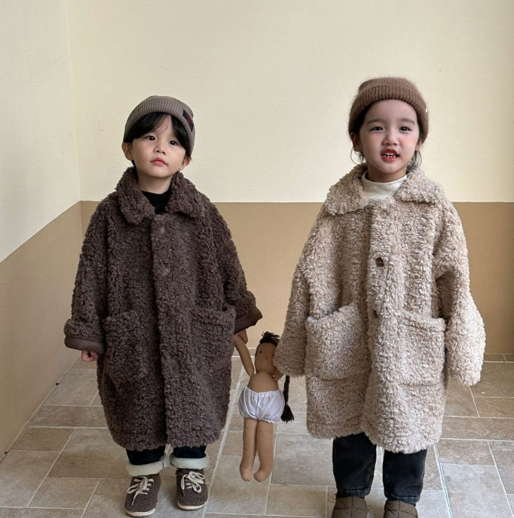秋冬新作   韓国風子供服    裹起毛  トップス   コート  長袖  ファッション  もふもふ  2色