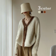 ニットカーディガン　デザイン　レディース　韓国ファッション　秋冬　バイカラー　3colors