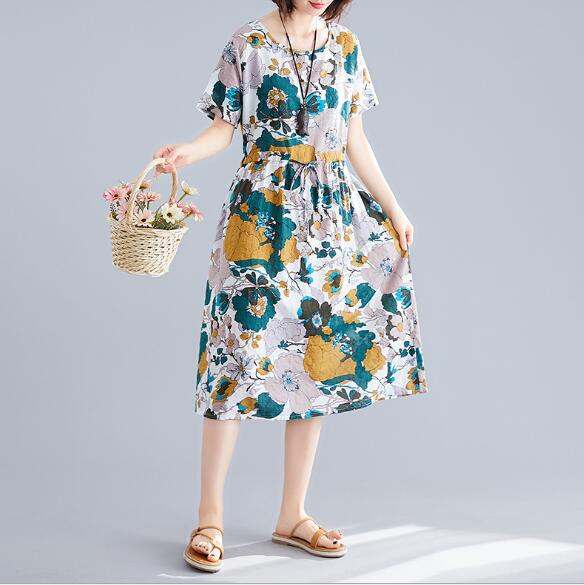 綿麻ワンピース 春夏 プリント婦人服 ミドル丈ドレス 大きいサイズ ママワンピース 花柄