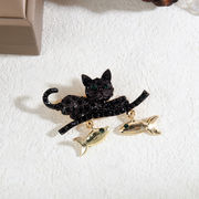 かわいい黒猫と魚のブローチ 猫の雑貨 人気ブローチ ねこ ネコ ピン 女性のコサージュ  アクセサリー