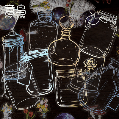 PETシール イラスト ステッカー ラベル 花フラワー 薔薇ローズ バタフライ蝶 天体キノコ ガラス瓶 40枚入