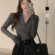 トップスニット ショート丈 ニットソー フロントファスナー 薄ニット 長袖 レディース トップス