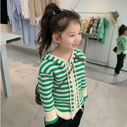 女の子、韓国の子供服、ニットカーディガン、新しい秋、緑のストライプ、ジップトップ コート