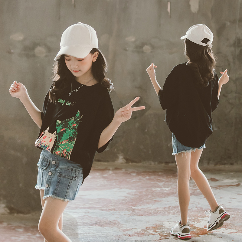 女の子 半袖Tシャツ 夏の新しいスタイル 韓国の子供服 綿 漫画のプリントトップ