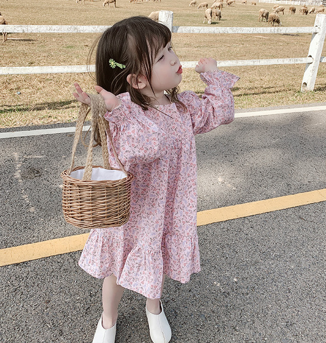 ガールズドレス、春の新作、子供用韓国風フローラルロングスリーブドレス