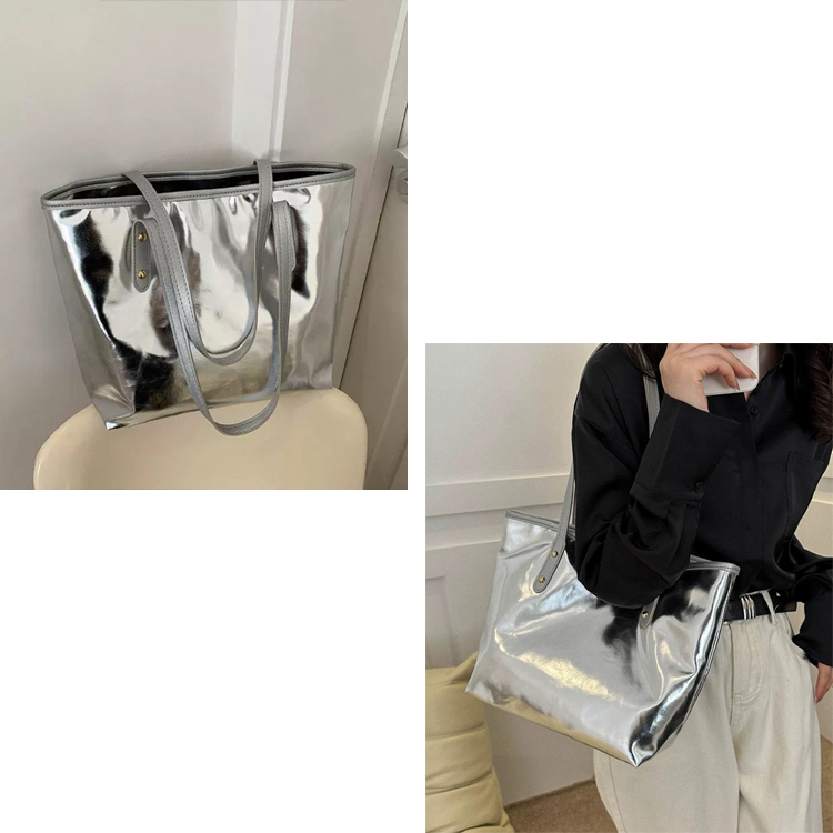 メタリックシルバー ハンドバッグ 煌めきを一点投入、SF風モードを楽しむメタリックなシルバー
