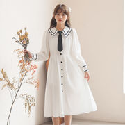 2024年初春の新婦人服、白の長袖ワンピース、優しいスタイルのフレンチミドル丈スカート