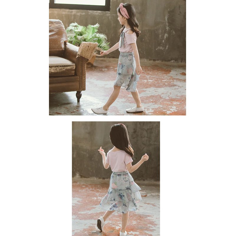 韓国子供服 ２点セット 夏 花柄 tシャツ スカート プリント 半袖 薄手 カジュアル リゾート セットアップ