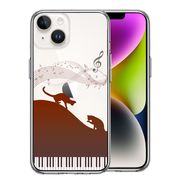 iPhone 14 Plus 側面ソフト 背面ハード ハイブリッド クリア ケース ピアノ シルエット猫 ブラウン