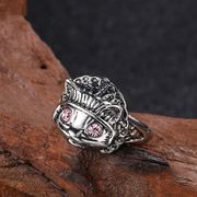 猫指輪  ピンクジルコン  猫の目 レトロ 立体  アメリカインディアン猫   猫王  フリーサイズのリング