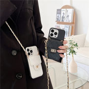 ダイヤモンドパターンレザー電話ケース、金属+革チェーン、iPhone用保護ケース、斜めロープウールフリース