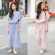 女の子の夏のスーツ ストライプルーズワイドレッグパンツ+半袖2点セット カジュアルな韓国子供服