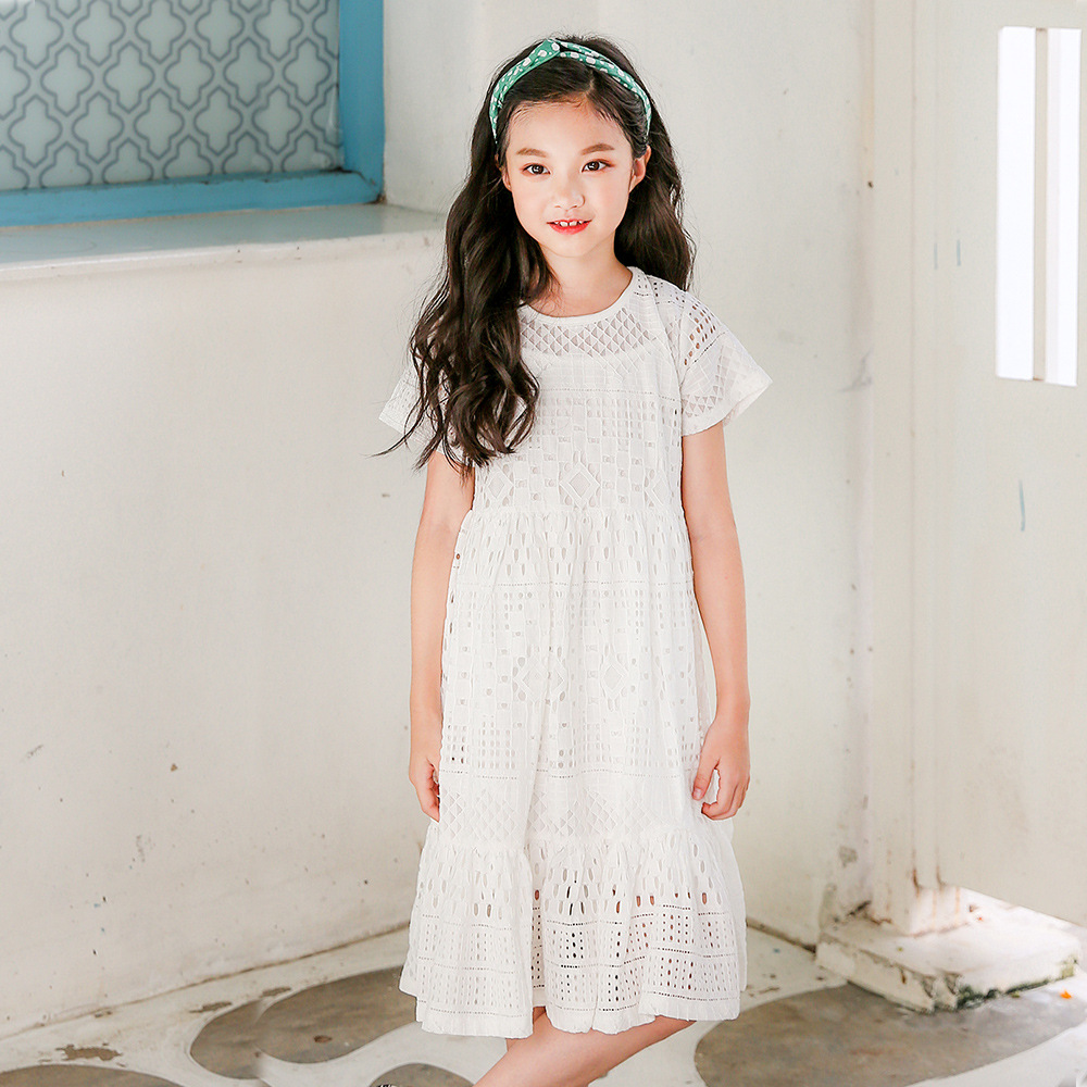夏の人気 子供服 半袖ワンピース レースカットアウト 白いドレス 韓国の子供服