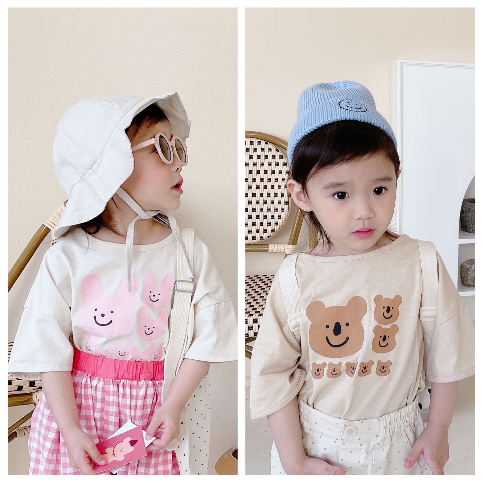 韓国の子供服、2024年夏の新製品、女の子向けの韓国の半袖プリント、Tシャツのボトミングシャツ