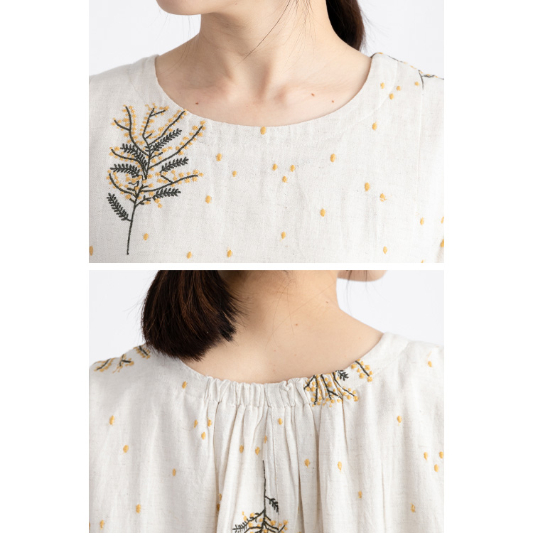 綿麻混】ミモザ柄ワンピース ナチュラル 花柄 刺繍 刺しゅう
