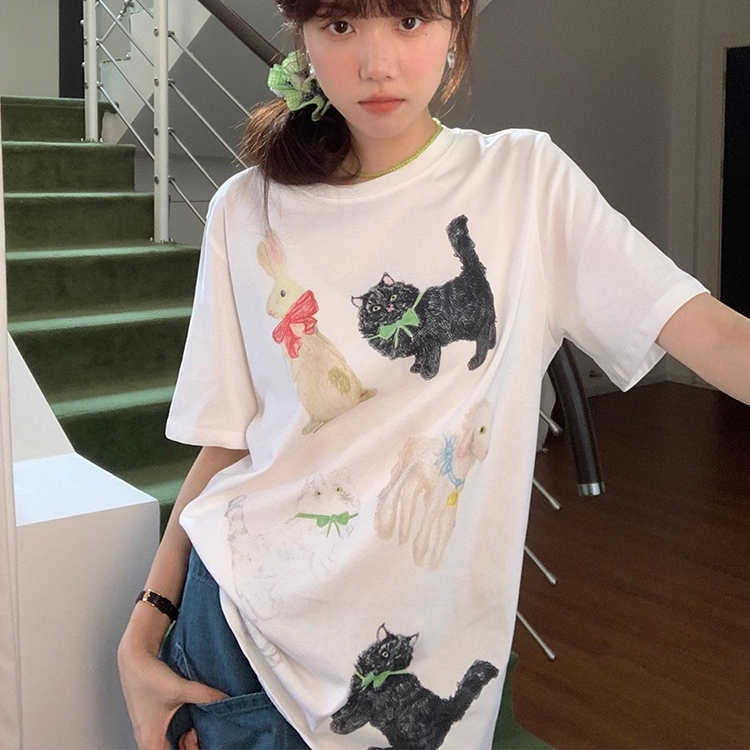 トップス　Tシャツ　レディース　リボン　韓国ファッション　猫柄　かわいい