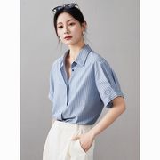 ストライプシャツ2024新作ブルー韓国風ゆったり万能トップス