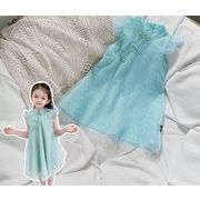 女の子のレトロなチャイナドレス2024夏新作子供の中国風バックルノースリーブの網糸ワンピース