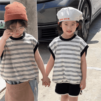 韓国風子供服 カジュアル ゆったり ユニセックス子供服 ボーダー柄 Tシャツ トップス 80-140cm 2色