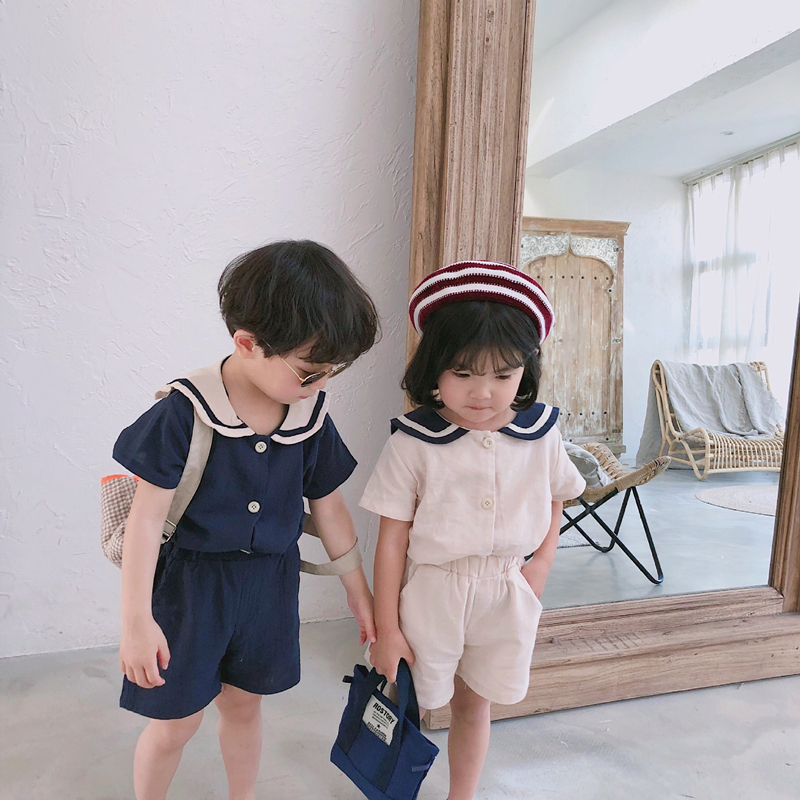 春夏　韓国子供服　セットアップ　シャツ　短パン　男女兼用　無地　2点セット　カジュアル　普段着