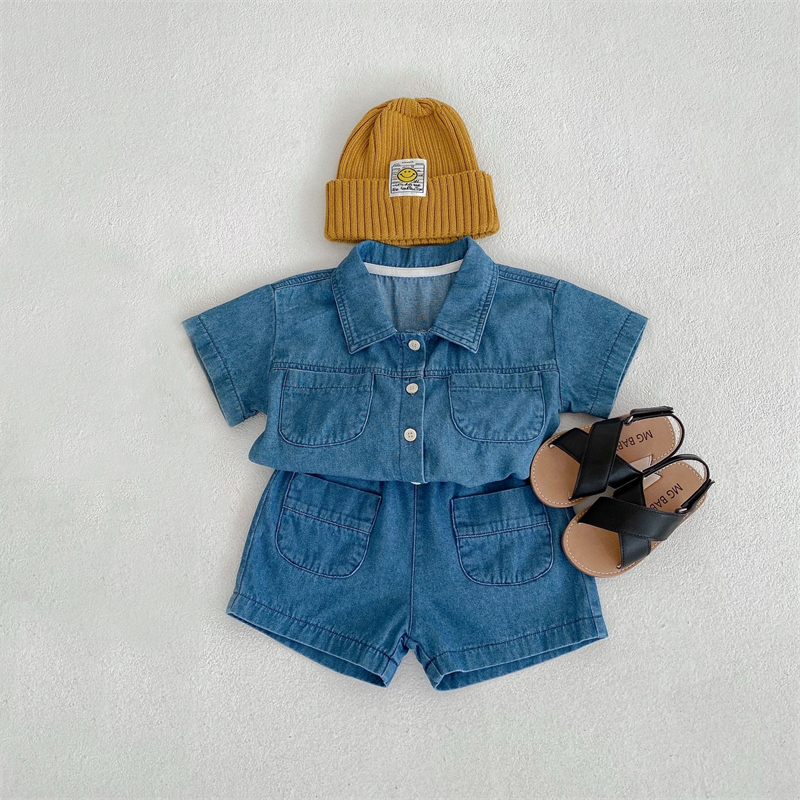ins　夏新作　ベビー服　デニム　上下セット　半袖　シャツ　ハーフパンツ　柔らか　子供服　可愛い
