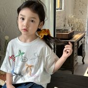 子供服　90~150cm　キッズTシャツ　リボンTシャツ　バレエコア　韓国キッズ服