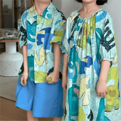 韓国風子供服 2024春夏 森 ビーチ海 姉妹兄弟コーデ ワンピース&上下セット シャツ+ズボン 90-150cm