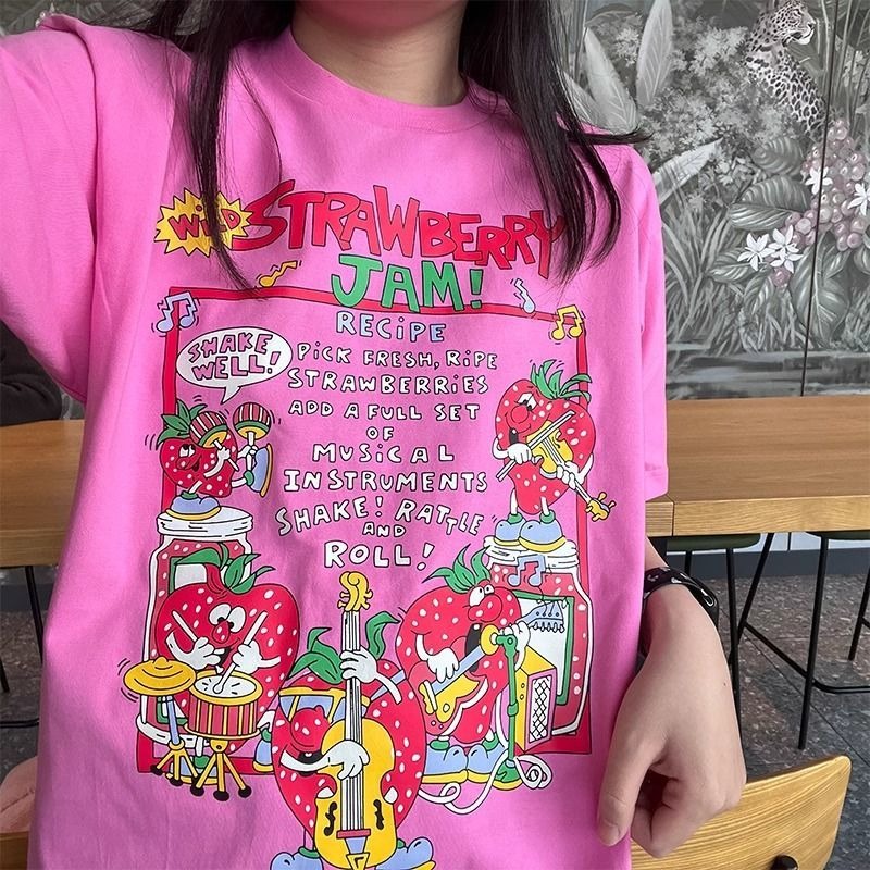 ローズピンク Tシャツ 音楽 いちご柄 半袖 レディース 夏服 イチゴ