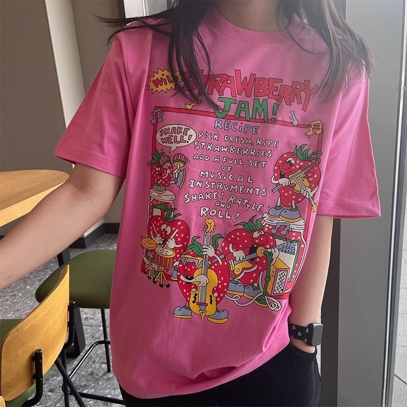 ローズピンク Tシャツ 音楽 いちご柄 半袖 レディース 夏服 イチゴ