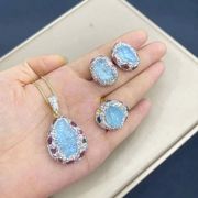天然石　天然水晶　アクアマリン原石＋トルマリン　3点セット（ネックレス、リング、ピアス）