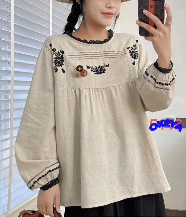 2024年秋新作　レディース服　トップス　シャツ　長袖　民族風　刺繍　綿麻　韓国風