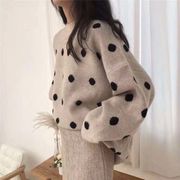 ラウンドネックニットトップレディース水玉かわいい長袖セーター