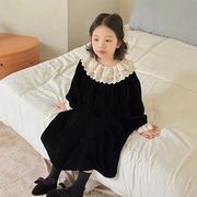 2025春新作 女の子大きめレース襟ベルベットワンピース