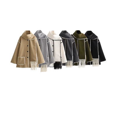 2024秋冬おしゃれフリンジスカーフ付きコート