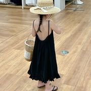 2025夏新作 韓国風女の子無地フリル裾背中開きキャミソールワンピース全2色